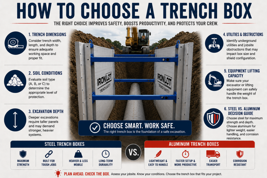 How to choose a trench box info graphic comparing steel and aluminum trench boxes.