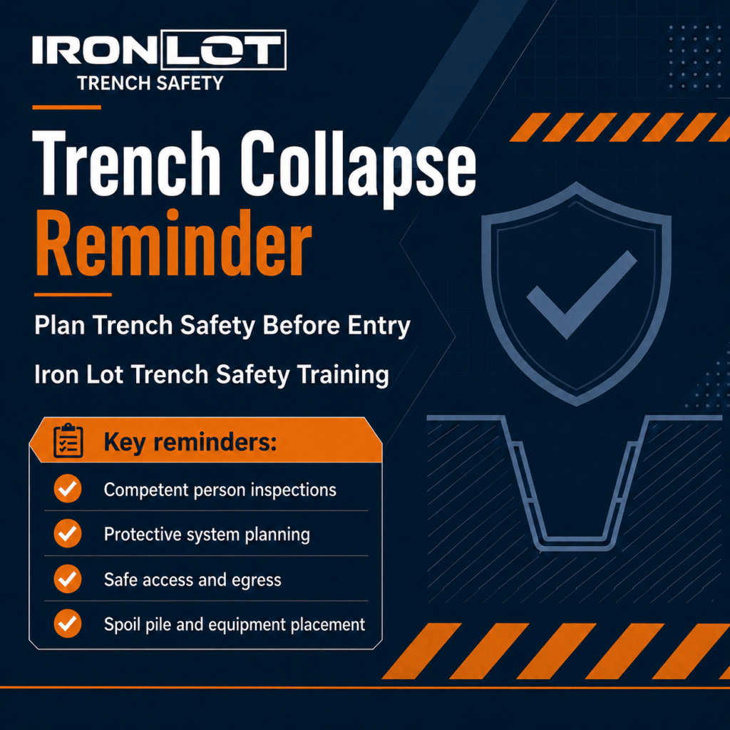 Iron Lot Trench Safety Training graphic reminding crews to plan trench safety before entry, including competent person inspections, protective system planning, safe access, and spoil pile placement.